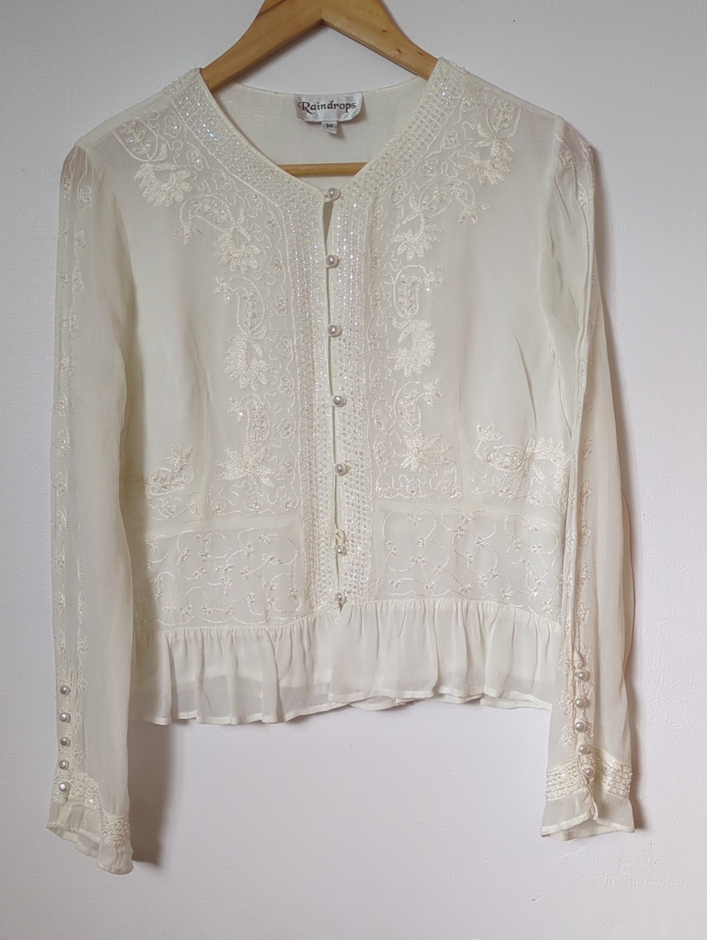 Raindrops Embroidered Beaded Cream White Button Up Blouse Size Medium